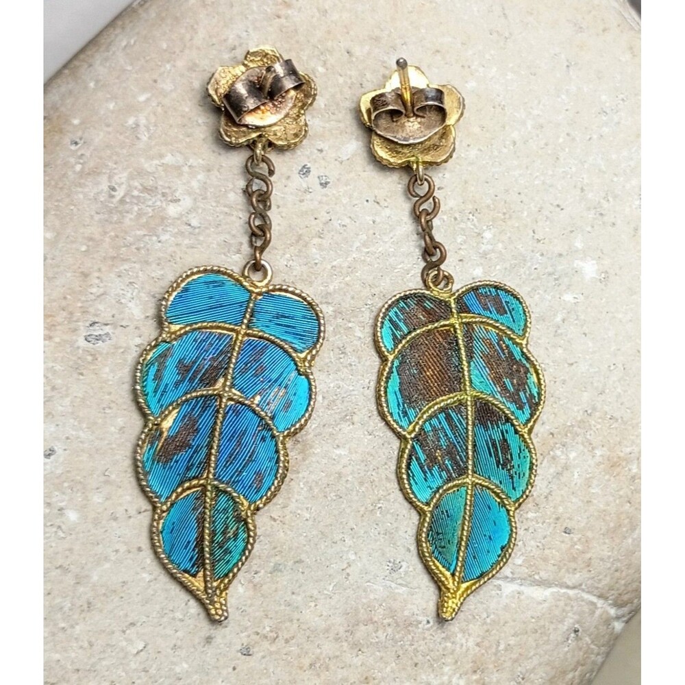 Vintage Kingfisher Blue Feather Dangle Earrings - Picture 4 of 12